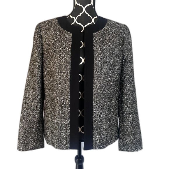 Kasper Separates Metallic Tweed Contrast Black Trim Open Front Blazer Size 14P - Picture 1 of 8